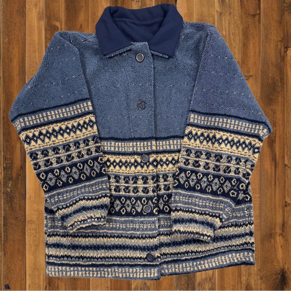 Marshlands Canada Nordic Fleece Jacket M – Blue Fair Isle Winter Button-Up